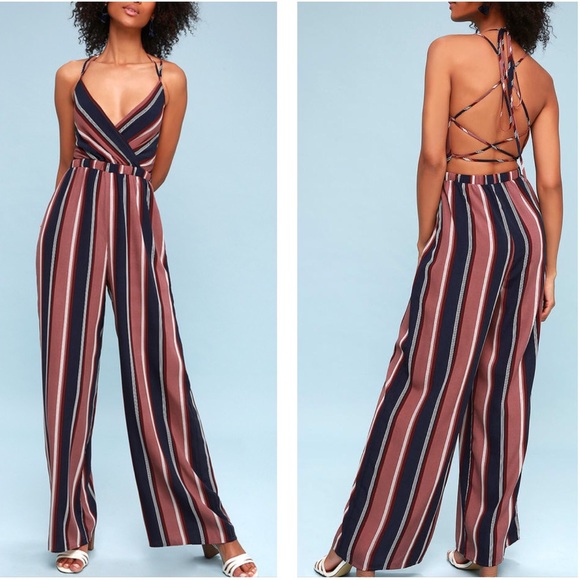 Lulus Pants - Lulu’s lace up vertical stripe wide leg jumpsuit